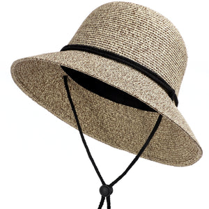 White Weave Sun Hats Straw Hat Black Ribbon Tie Up Caps Women Summer Beach  Outdoor Z24407